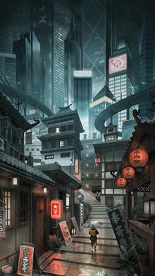 世界四大城市日本东京城市昏暗风格插画