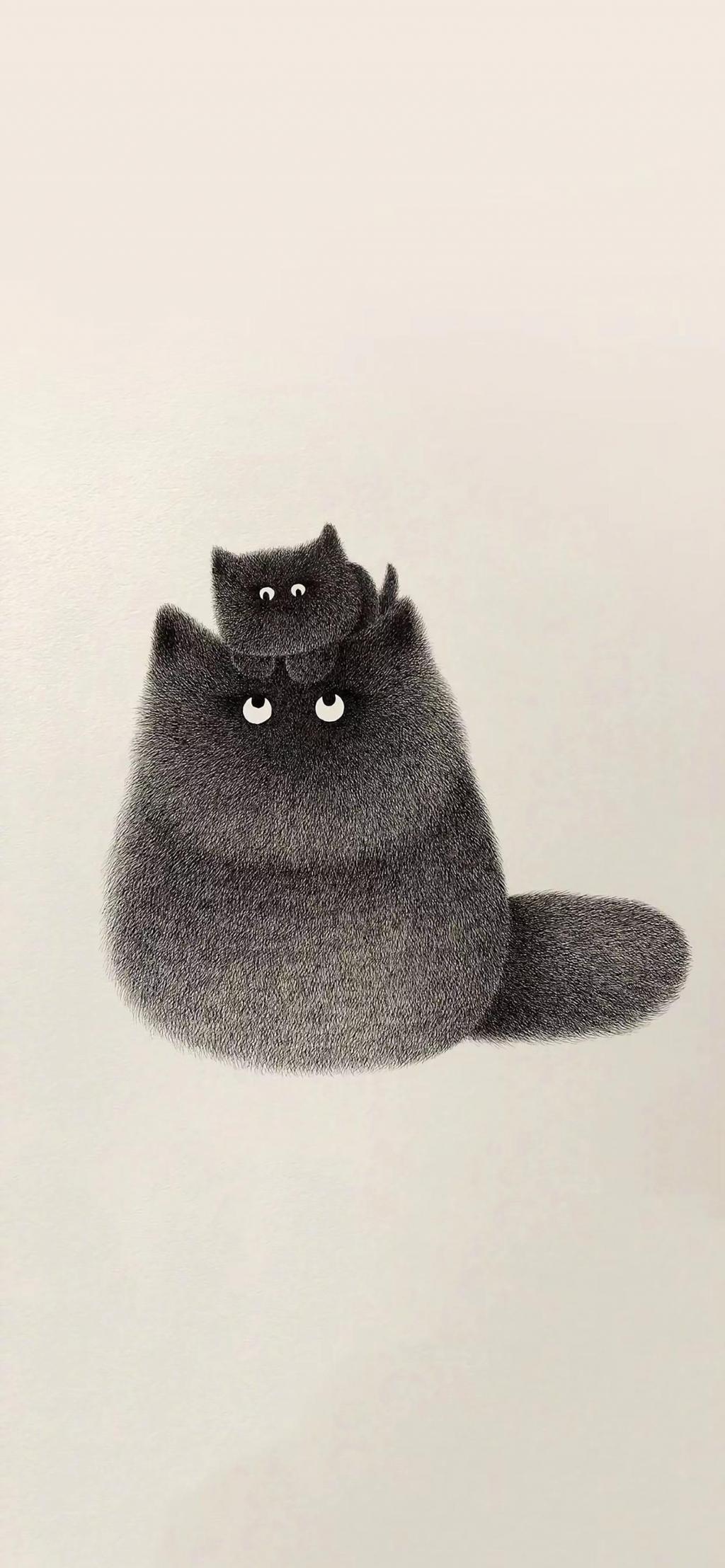 手绘两只皮毛蓬松的猫咪手机壁纸