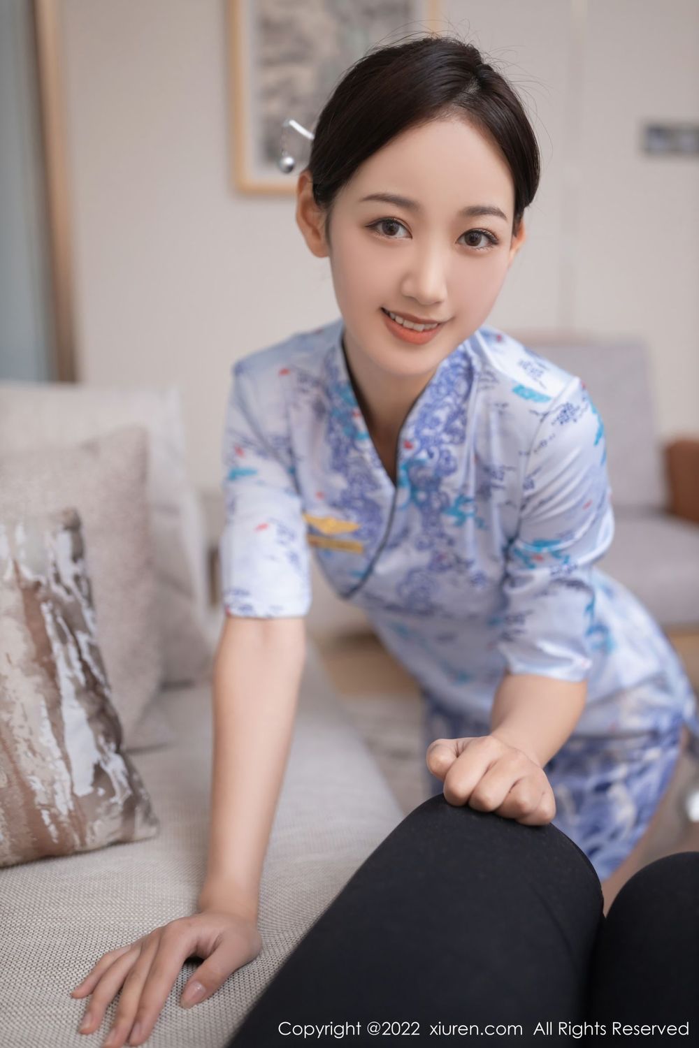 美女模特唐安琪 - 淡蓝色旗袍+丝袜主题珠三角旅拍