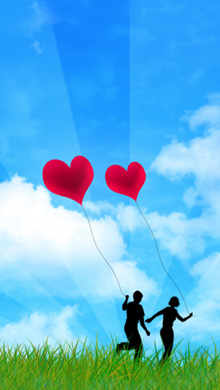 野外情侣相伴手持爱心气球甜蜜系列手机壁纸