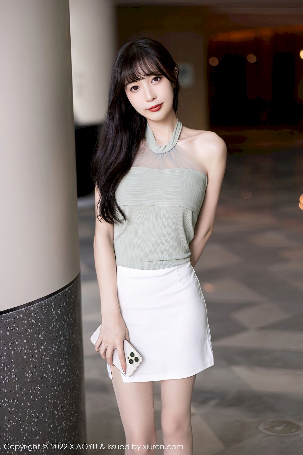 林星阑 - 绿灰露肩上衣+白色短裙性感写真